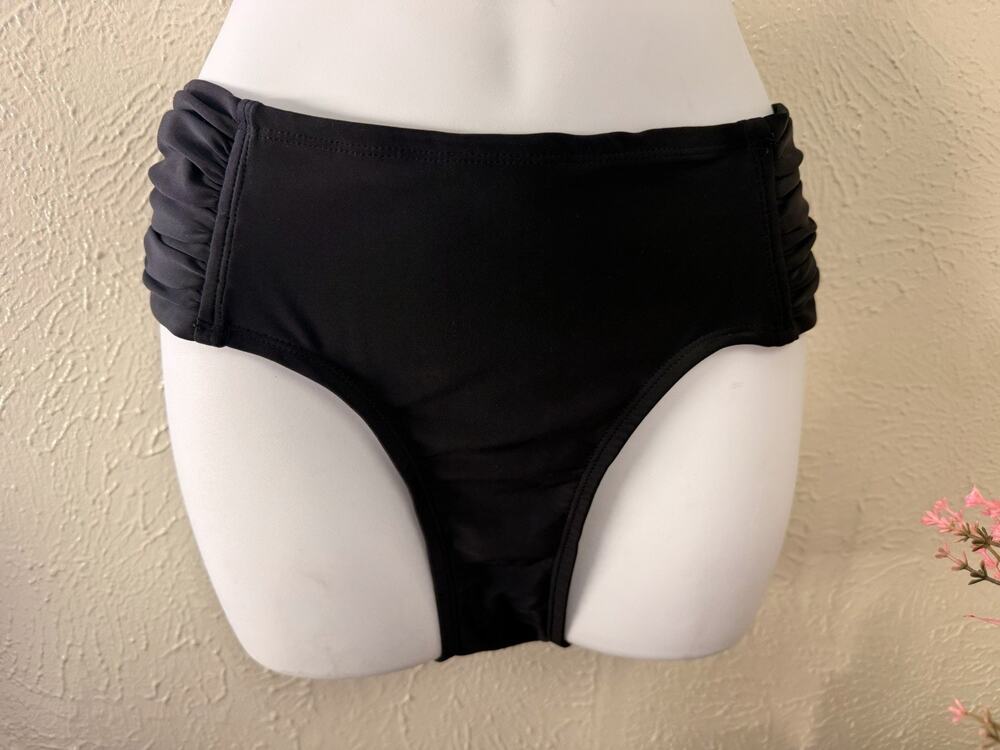Women's AVA & VIV Sz 14W Ebony Black Ruched Sides Bikini Bottom Quick Dry Summer
